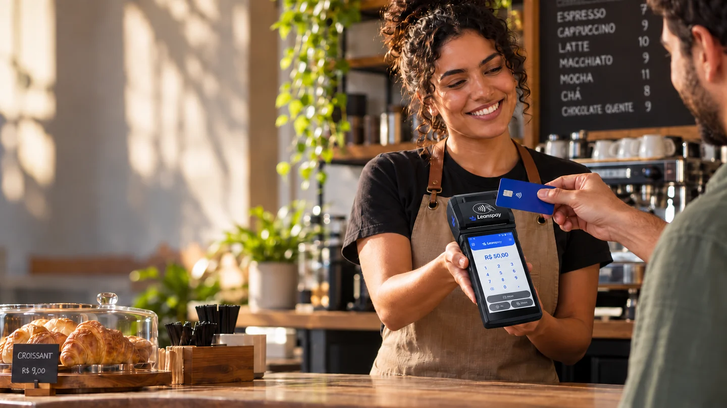 Atendente recebendo pagamento com R$ 50,00 na tela da maquininha LeansPay