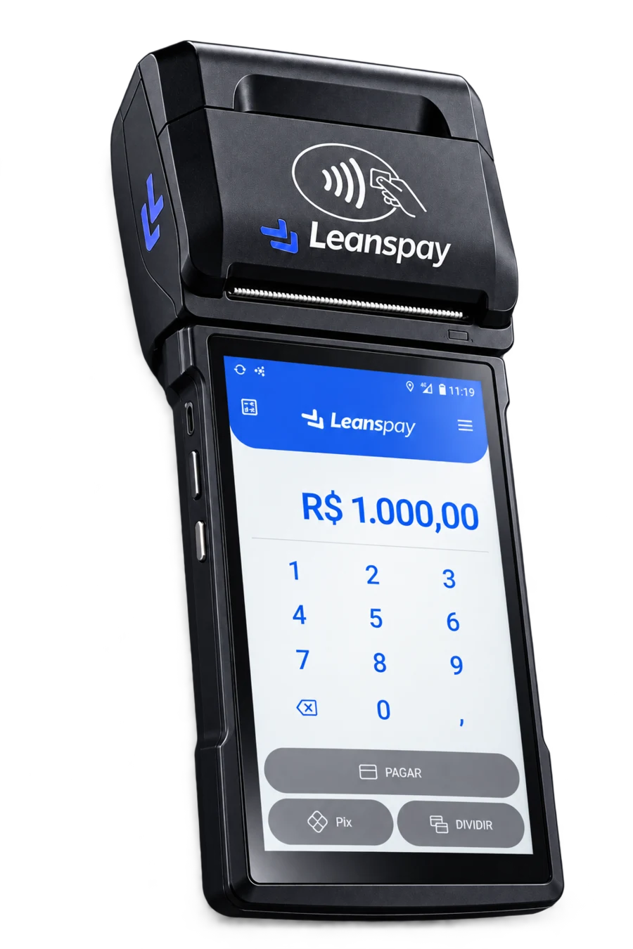 Maquininha LeansPay com R$ 1.000,00 na tela